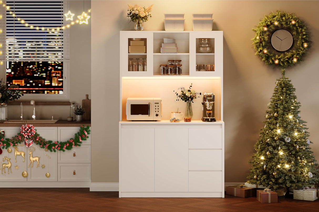 71" Pantry Cabinet with LED Lights & Charging Station, Kitchen Storage Hutch with Adjustable Glass Door Shelves, Microwave Stand, Modern Cabinet for Home, Dining Room, or Compact Kitchen Loumernhant