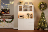 71" Pantry Cabinet with LED Lights & Charging Station, Kitchen Storage Hutch with Adjustable Glass Door Shelves, Microwave Stand, Modern Cabinet for Home, Dining Room, or Compact Kitchen Loumernhant