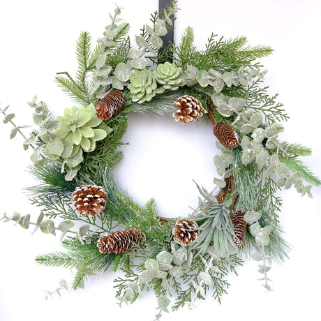 idyllic 22 Inches Greenery Wreath Snowy Pine Cone Grapevine Wreath Artificial Winter Garlands for Front Door Indoor Wall Decor for Home Office Decoration with Floral Swags and Pine Branches idyllic