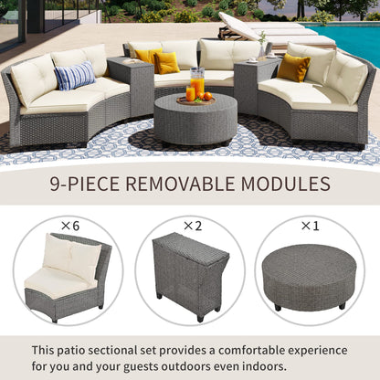 Polibi 9-Piece Rattan Wicker Patio Conversation Set, Half-Moon Shape Patio Furniture Set with 6 Chairs, 2 Arm Tables and A Round Central Table for Outdoor, Grey Wicker + Beige Cushions - WoodArtSupply