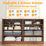 Bigbiglife 6 Drawers Dresser for Bedroom Wooden Drawer with Open Storage Cubby, Double Wide Dresser Organizer for Bedroom, Living Room, Entryway, Hallway (Walnut Brown) Bigbiglife
