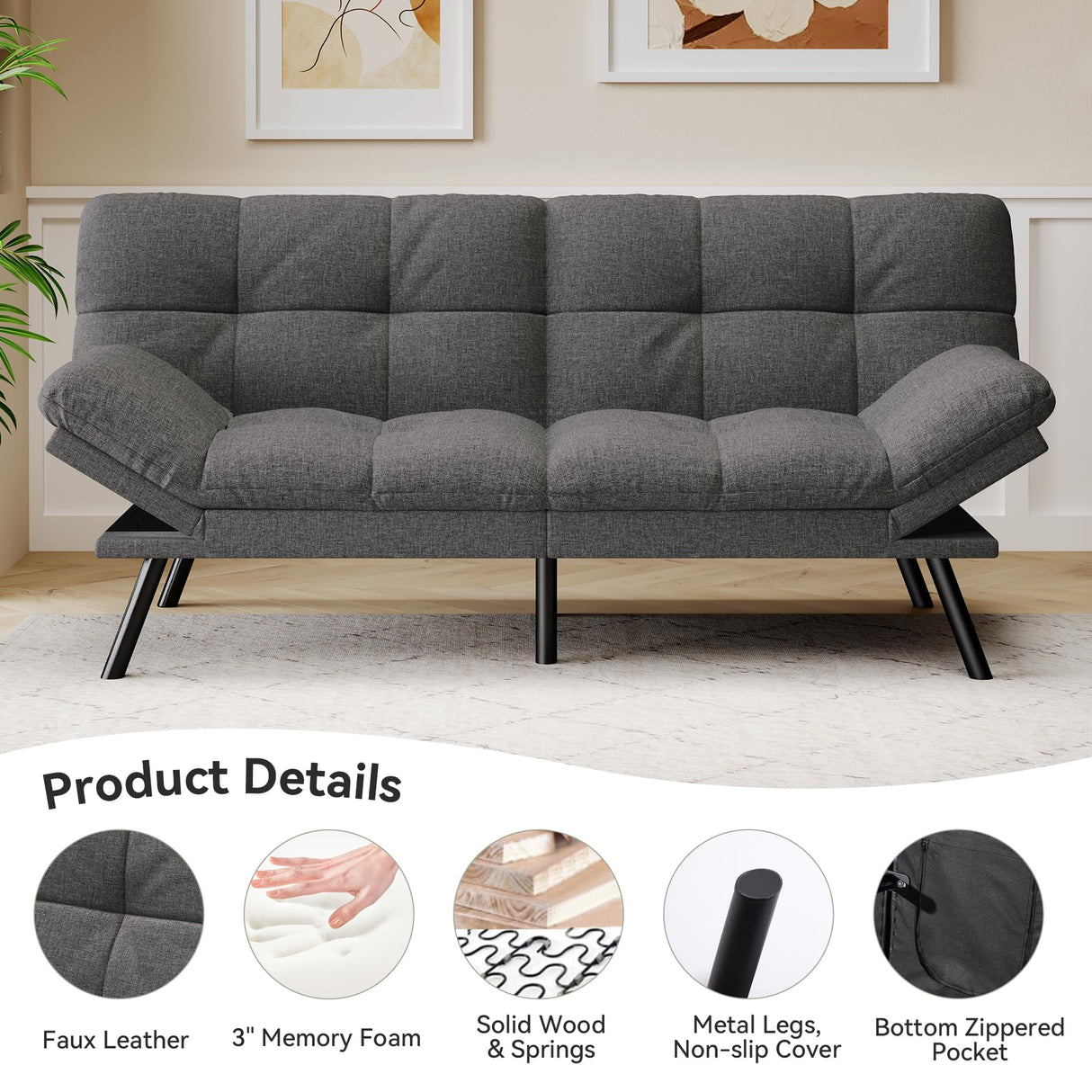 AMICLIBER Convertible Futon Sofa Bed,71" Memory Foam Futon Couch,Detachable Cushion,Adjustable Backrest & Armrest,Linen Modern Loveseat Sleeper Recliner for Living Room,Office,Apartment,Medium Grey AMICLIBER