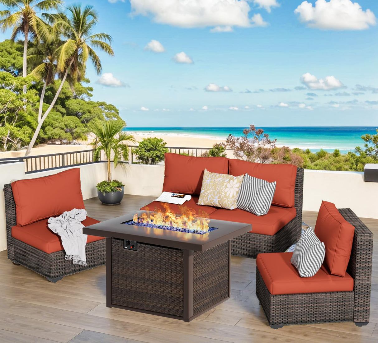 Outdoor Sectional Furniture, 5 Piece Patio Furniture Set with 42-inch Fire Wicker Propane Fire Pit Table - All Weather Wicker Rattan Couch Sofa Conversation Set for Backyard Lawn Poolside Deck, Red Grezone