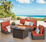Outdoor Sectional Furniture, 5 Piece Patio Furniture Set with 42-inch Fire Wicker Propane Fire Pit Table - All Weather Wicker Rattan Couch Sofa Conversation Set for Backyard Lawn Poolside Deck, Red Grezone