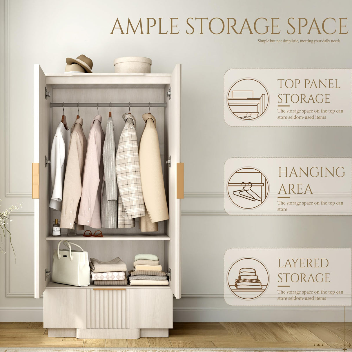 Yechen 64" Fluted Armoire Wardrobe Closet with Doors and Drawer, Wooden Wardrobe Cabinet with Adjustable Shelve, Modern Small Armoires for Hanging Clothes Coats for Bedroom, White Grey Yechen