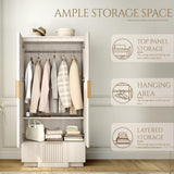 Yechen 64" Fluted Armoire Wardrobe Closet with Doors and Drawer, Wooden Wardrobe Cabinet with Adjustable Shelve, Modern Small Armoires for Hanging Clothes Coats for Bedroom, White Grey Yechen