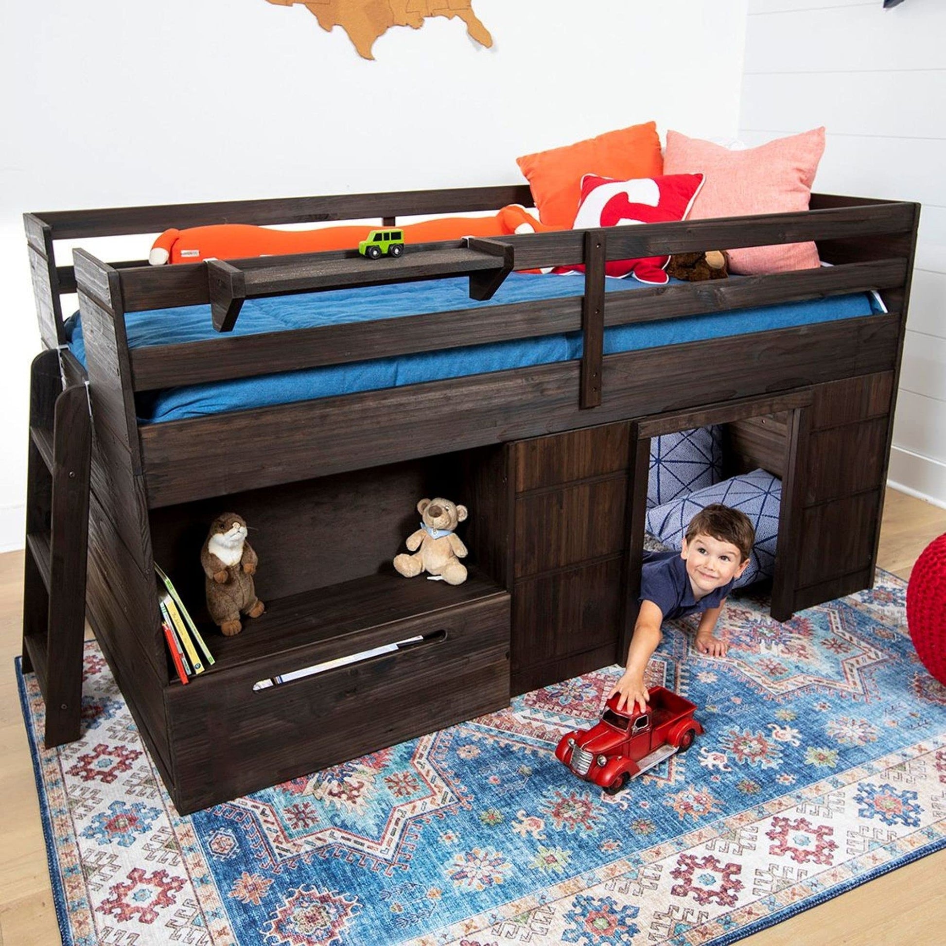 Max & Lily Barnwood Brown Twin Low Loft Bed with Storage Drawer and Ladder - WoodArtSupply