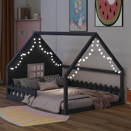 Merax Montessori Bed Frame with High Fence, Montessori Floor Bed Full Size, House Floor Bed/Full Floor Bed for Kids, Girls, Boys, Full Size Montessori Bed Grey Merax