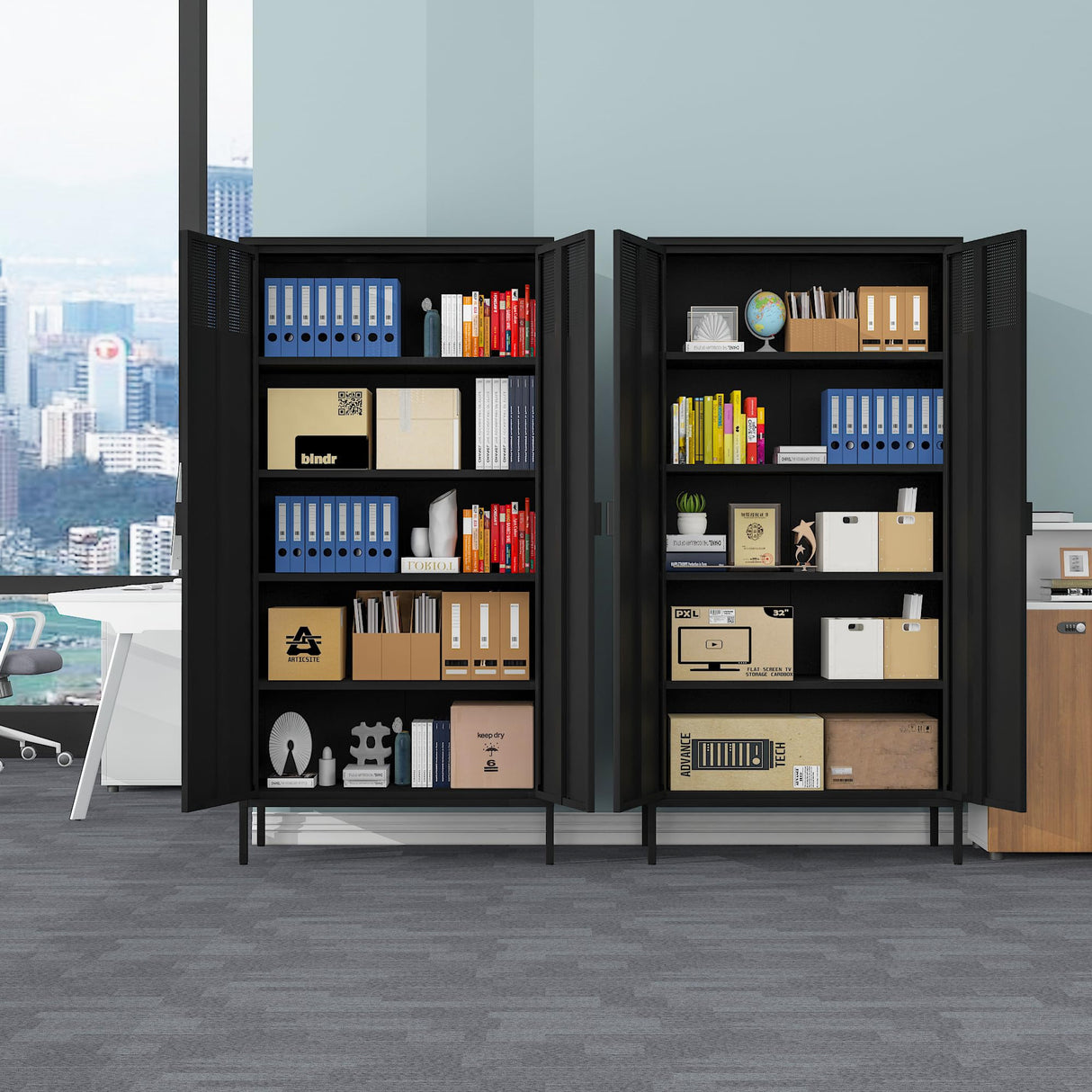 COFaR 5 Tier Black Metal Storage Cabinet, Free Standing with 2 Doors, 4 Adjustable Shelves and Legs, Cupboard Metal Cabinet for Living Room, Kitchen, Dining Room, Office COFaR