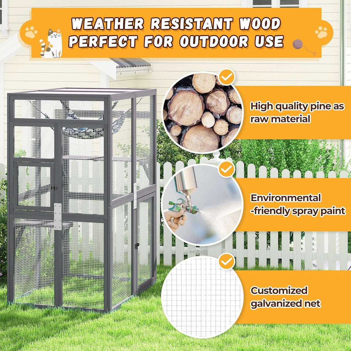 Catio Outdoor Cat Enclosure, Outdoor Cat House with Window Access, Patio Kitty Shelter (Grey) CHEN Select