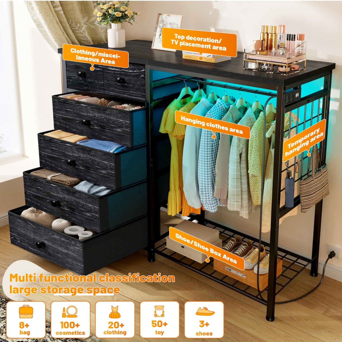 EnHomee 49.2" W Dresser for Bedroom with Hanging Rack 6 Drawers Dresser with LED Lights Fabric Dressers & Chest of Drawer with Clothes Rack,Wooden Top,Grid Panel,Closet,Black 49.2" Wx47.2 Hx15.8 D