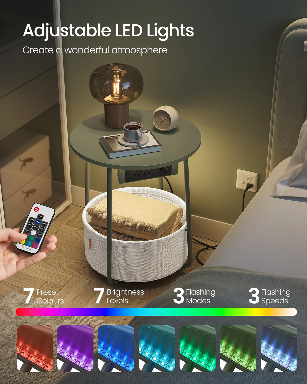 VASAGLE Side Table with Charging Station, Round End Table with Fabric Basket, LED Nightstand with Power Outlets, USB Ports, for Living Room, Bedroom, Modern, Forest Green and Cream White ULET227C01 VASAGLE