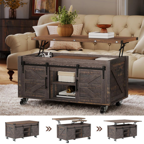 Turosur Lift Top Coffee Table with Storage, 4 in 1 Farmhouse Coffee Table with Lockable Rolling Wheels and Hidden Compartment, Center Table with 4 Sliding Barn Door for Living Room Turosur