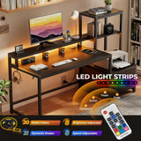 GreenForest Office Desk with Power Outlets and Printer Shelf, 59 inch Computer Desk with LED and Drawer, Reversible Gaming Desk with Storage for Home Study Working,Black GreenForest