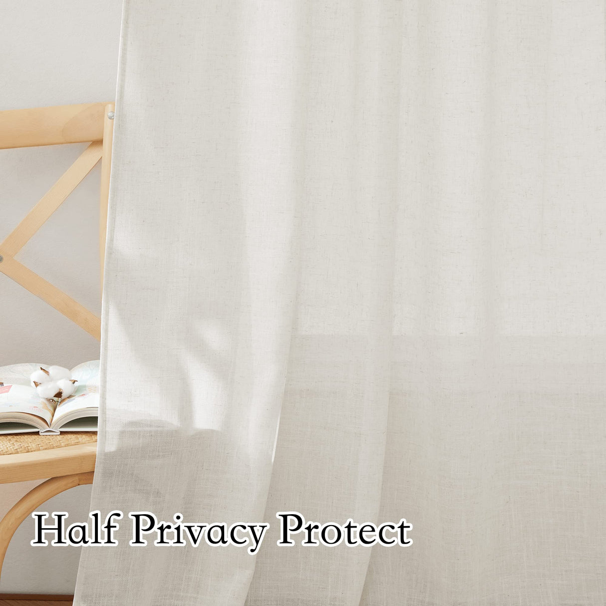 RYB HOME 108 inch Curtains - Flax Linen Blend Semi Sheer Light Glare Filtering Semi Sheer Drapes for Living Room Dining Doorway Farmhouse Office, Linen, Wide 52" by Long 108", 2 Panels RYB HOME