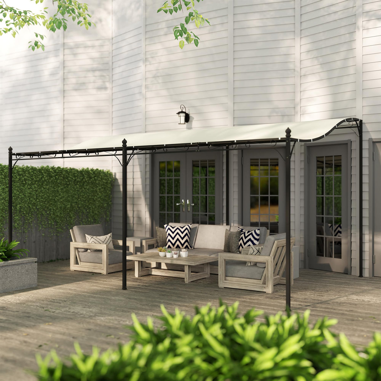 Outsunny 10' x 16' Outdoor Pergola Canopy, Wall-Mounted Metal Patio Canopy with Weather-Resistant Fabric and Drainage Holes for Backyard Garden Porch Beach, Cream White Outsunny