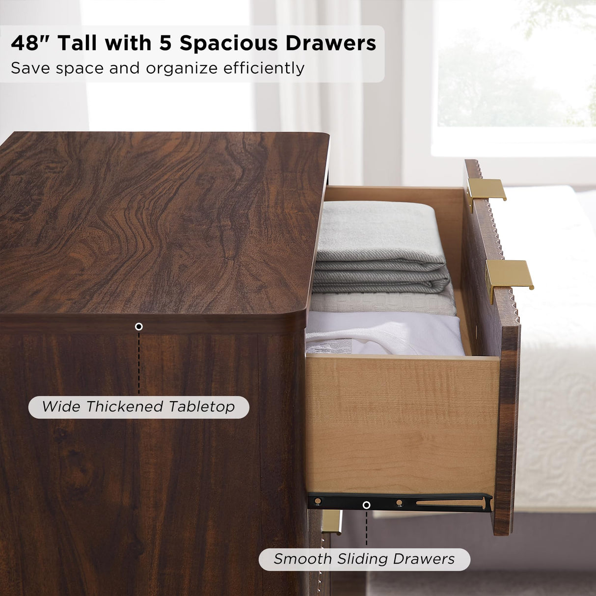 T4TREAM Fluted 5 Drawers Dresser, 48" Tall Modern Chest of Drawers, Curved Profile Design, Wood Drawer Organizer for Bedroom, Living Room, Hallway, Entryway, Dark Walnut T4TREAM