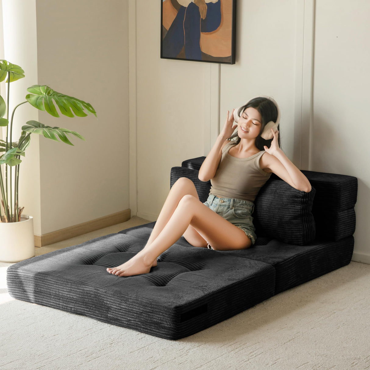 MAXYOYO Convertible Sofa Bed, Fold Out Loveseat Sleeper Sofa with Pillow, 4 in 1 Tufted Folding Couch Bed Foam Floor Couch, Lazy Chair for Living Room Bedroom Guest Room, Black MAXYOYO