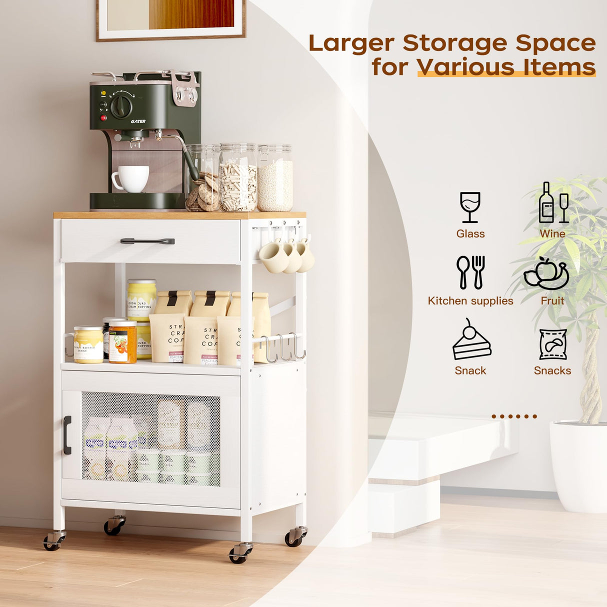 Homeiju Kitchen Island Cart, Kitchen Storage Cart with Drawer, Microwaves Stand, Coffee Cart, Rolling Kitchen Cabinet Cart with Hooks for Kitchen, Dining Room, White Homeiju