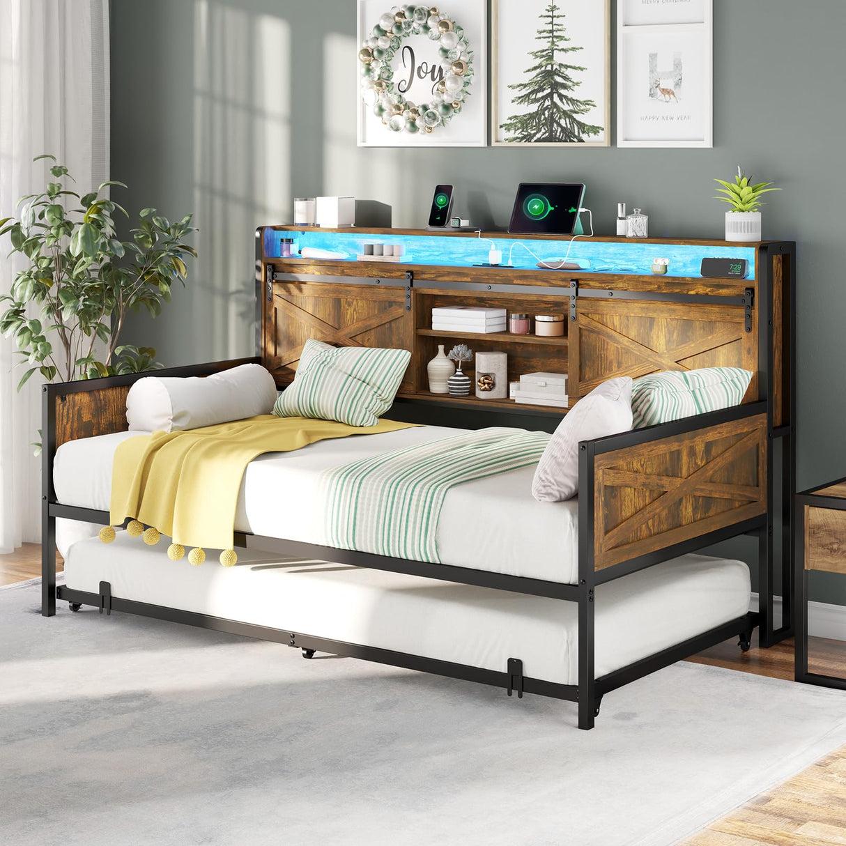 AMERLIFE Twin Daybed with Trundle, Farmhouse Daybed Frame with Sliding Barn Door Headboard and Charging Station & LED Light for Bedroom and Guest Room, Rustic Brown AMERLIFE