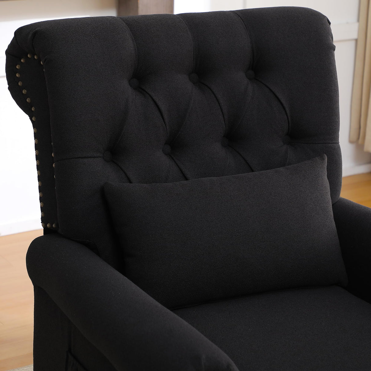 choairy Pushback Recliner Chair, Accent Push Back Chair Set of 2 with Adjustable Footrest Wingback, Upholstered Linen Reclining Sofa with Side Pocket, Comfy Modern Armchair for Living Room, Black choairy