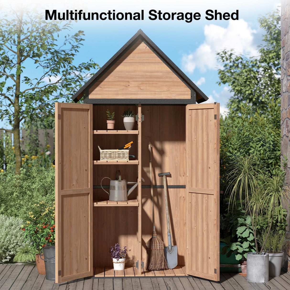 Outdoor Storage Shed with Strongest Metal Frame, Storage Cabinet with Floor, Weatherproof Tool Shed with Adjustable Shelfs, Lockable Metal Garden Shed Steel for Backyard Patio (Light Brown) MEDEHOO