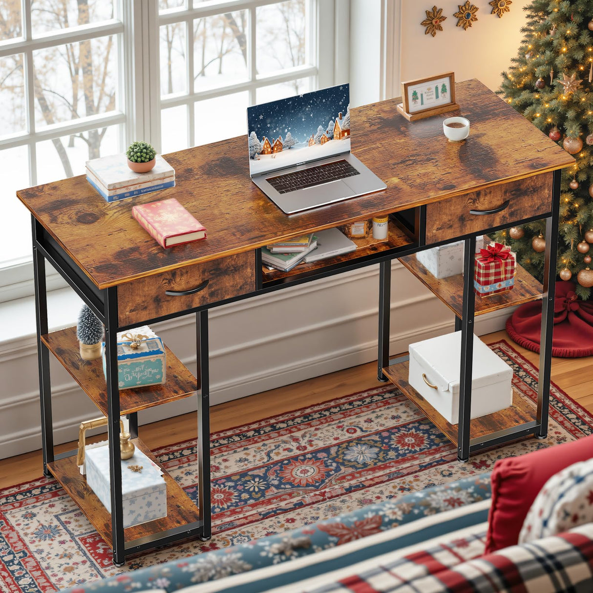 Sweetcrispy Computer Desk 48 Inch Home Office Bedroom Writing Study PC Table with Fabric Drawers Storage Shelves Space Side Bag Headphone Hook Metal Frame Adjustable Feet Modern Simple Style Sweetcrispy