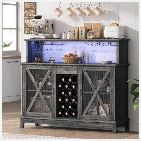 Wine Cabinet, Coffee Bar Cabinet with Storage, 54" Liquor Cabinet Bar for Home, Wine Bar Cabinet with Glass Rack, Drawer and LED Lights, Farmhouse Buffet Sideboard for Dining Room, Kitchen, Grey JOINICE