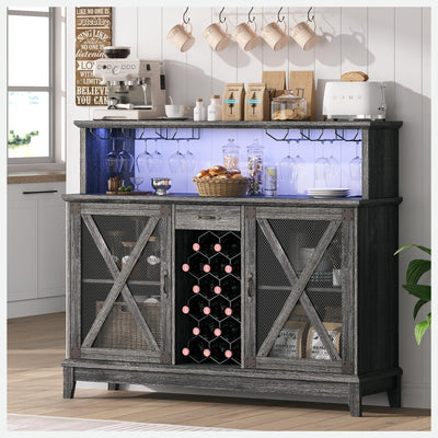 Wine Cabinet, Coffee Bar Cabinet with Storage, 54" Liquor Cabinet Bar for Home, Wine Bar Cabinet with Glass Rack, Drawer and LED Lights, Farmhouse Buffet Sideboard for Dining Room, Kitchen, Grey