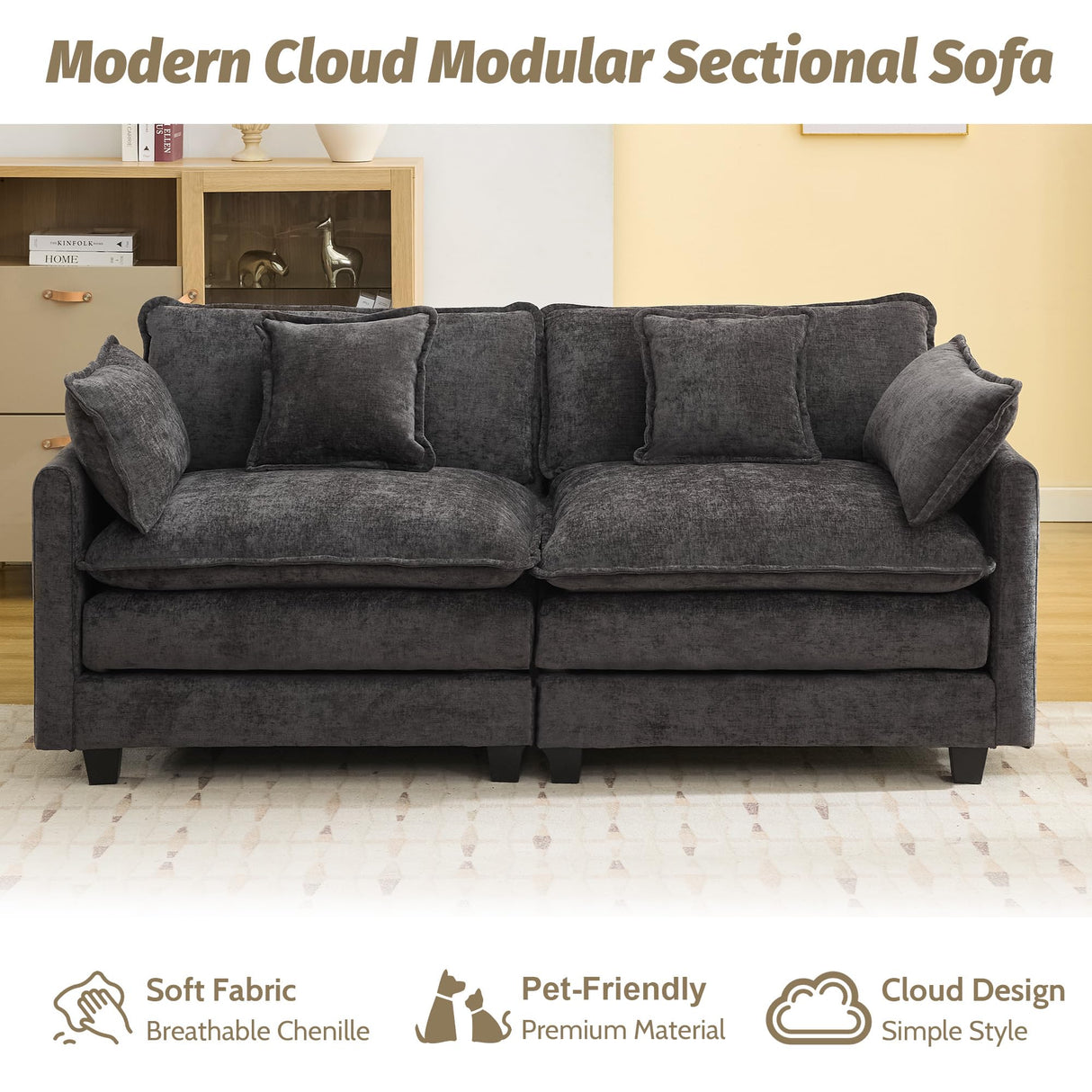76'' Cloud Deep Seat Loveseat, Upholstered Chenille Modular 2-Seats Sectional Sofa Couch, Modern Comfy Settee Loveseat for Living Room Set, Small Apartment, Dark Grey WUTUTUEE