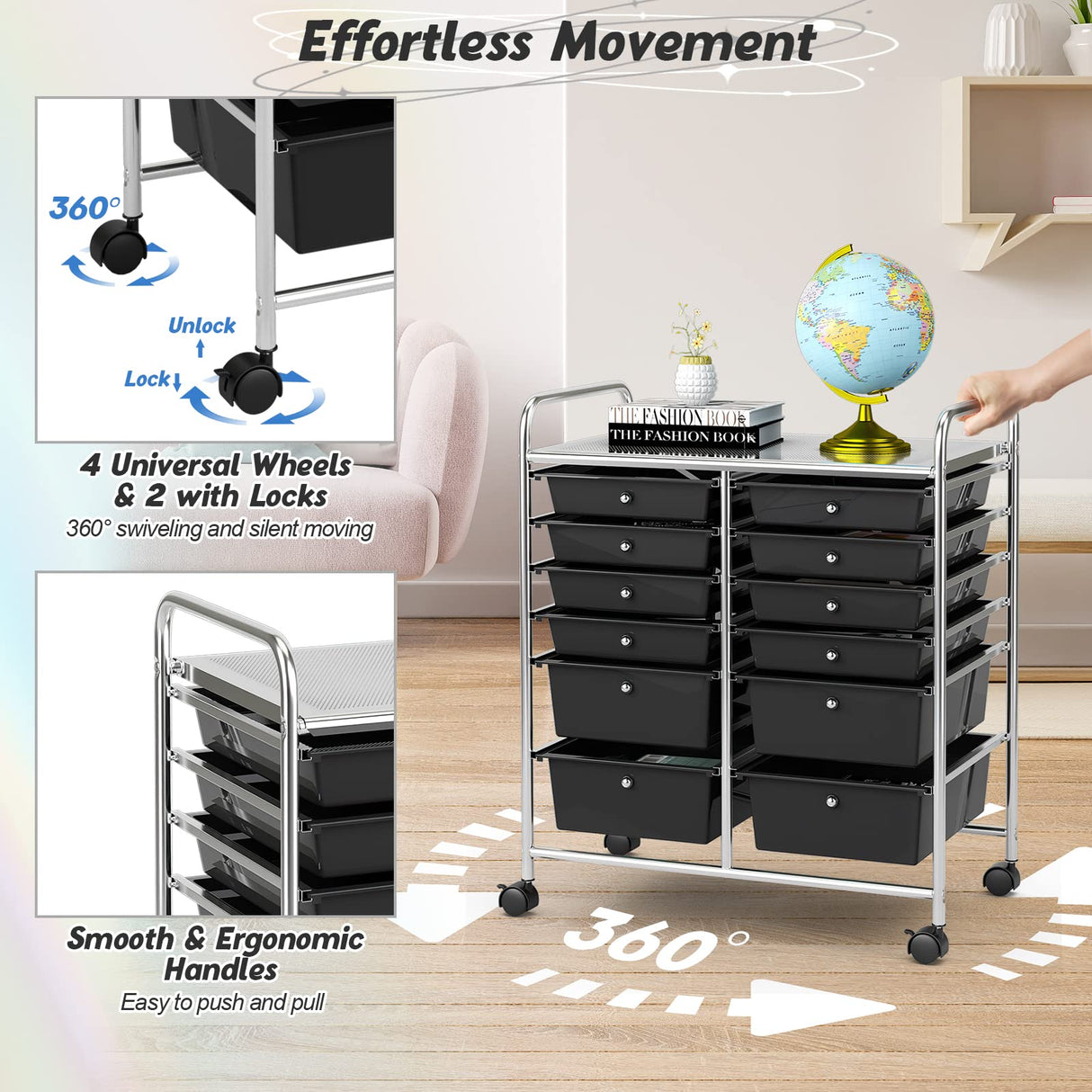 COSTWAY 12-Drawer Rolling Storage Cart, Moveable Art Craft Organizer W/Lockable Wheels, Metal Shelf, Files Arrangement Tools Makeup Storage Cart for Office, Home, School (Black) COSTWAY