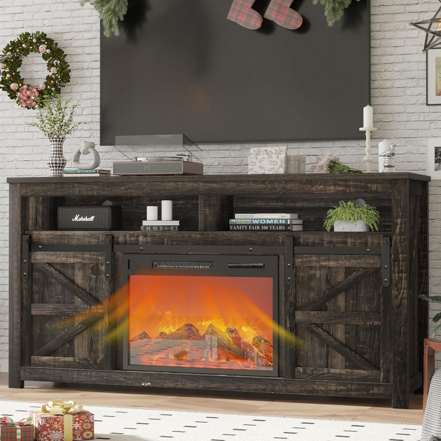 SENSWEET 58" Farmhouse TV Stand with Fireplace, Entertainment Center w/Sliding Barn Door, Rustic Media Console with 2 Storage Shelves, Wood Television Stand for Living Room,Dark Rustic Oak