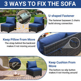 Jing's Villa 5-Piece Patio Furniture Set, All-Weather Outdoor Wicker Sectional Sofa with Cushions, Tempered Glass Table & Ottoman,Rattan Conversation Seating for Porch, Garden, Backyard,Navy Jing's Villa