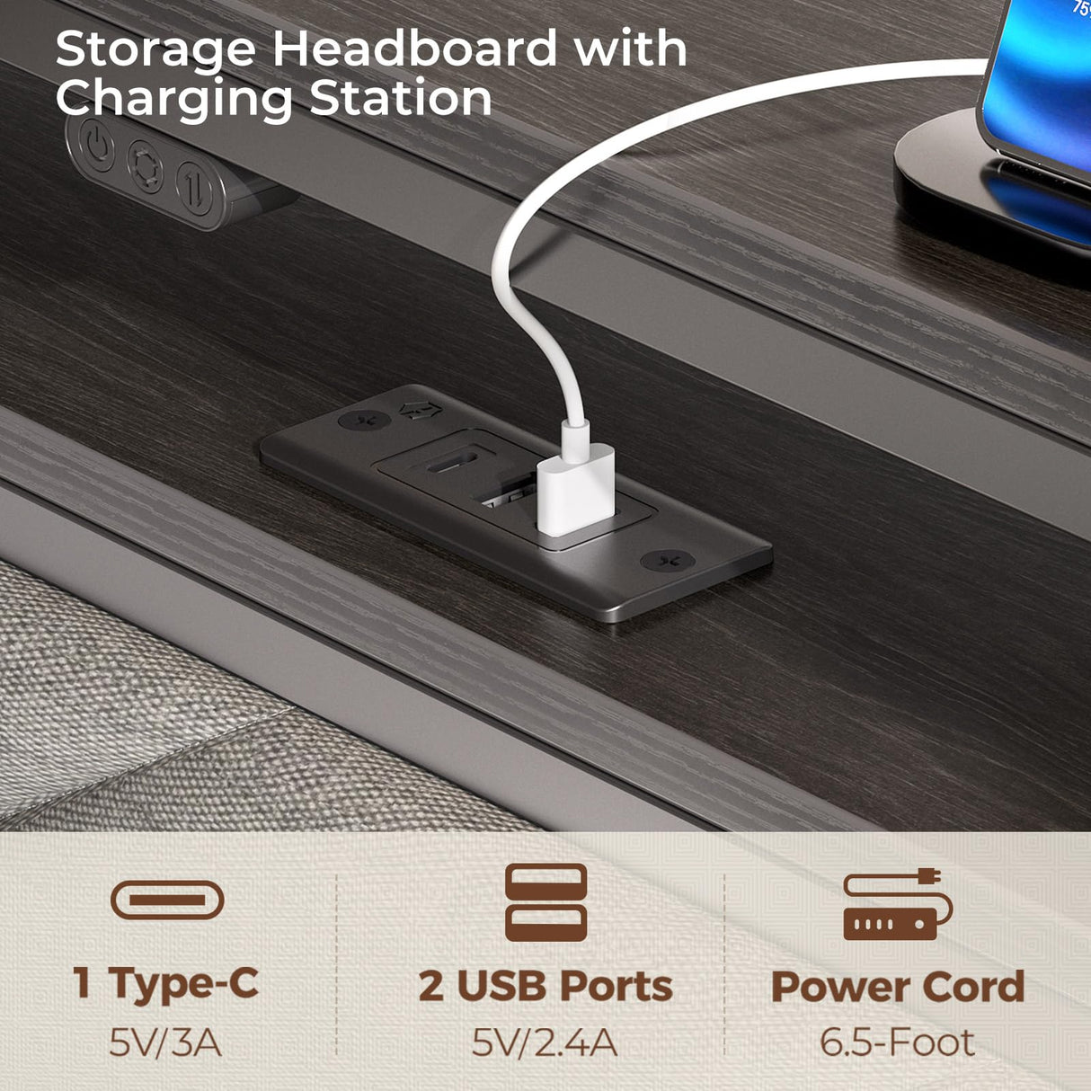 Seventable Bed Frame Twin Size with Charging Station, LED Bed with Upholstered Storage Headboard, Metal Platform Bed with Under Bed Storage, No Box Spring Needed, Noise Free, Easy Assembly, Grey Seventable