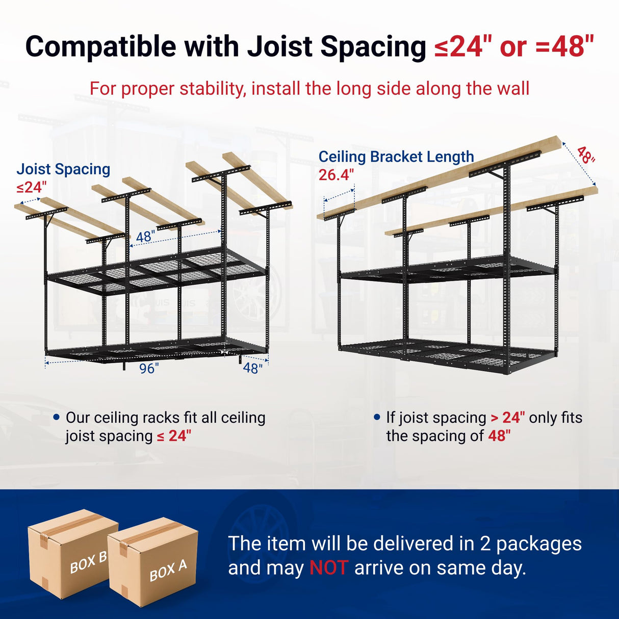 FLEXIMOUNTS 4x8 2-Tier Overhead Garage Storage Rack – Adjustable Heavy Duty Metal Garage Ceiling Storage Racks, 1000 lbs Capacity – Garages Organization System for 10–15 ft Tall Garages, Black FLEXIMOUNTS