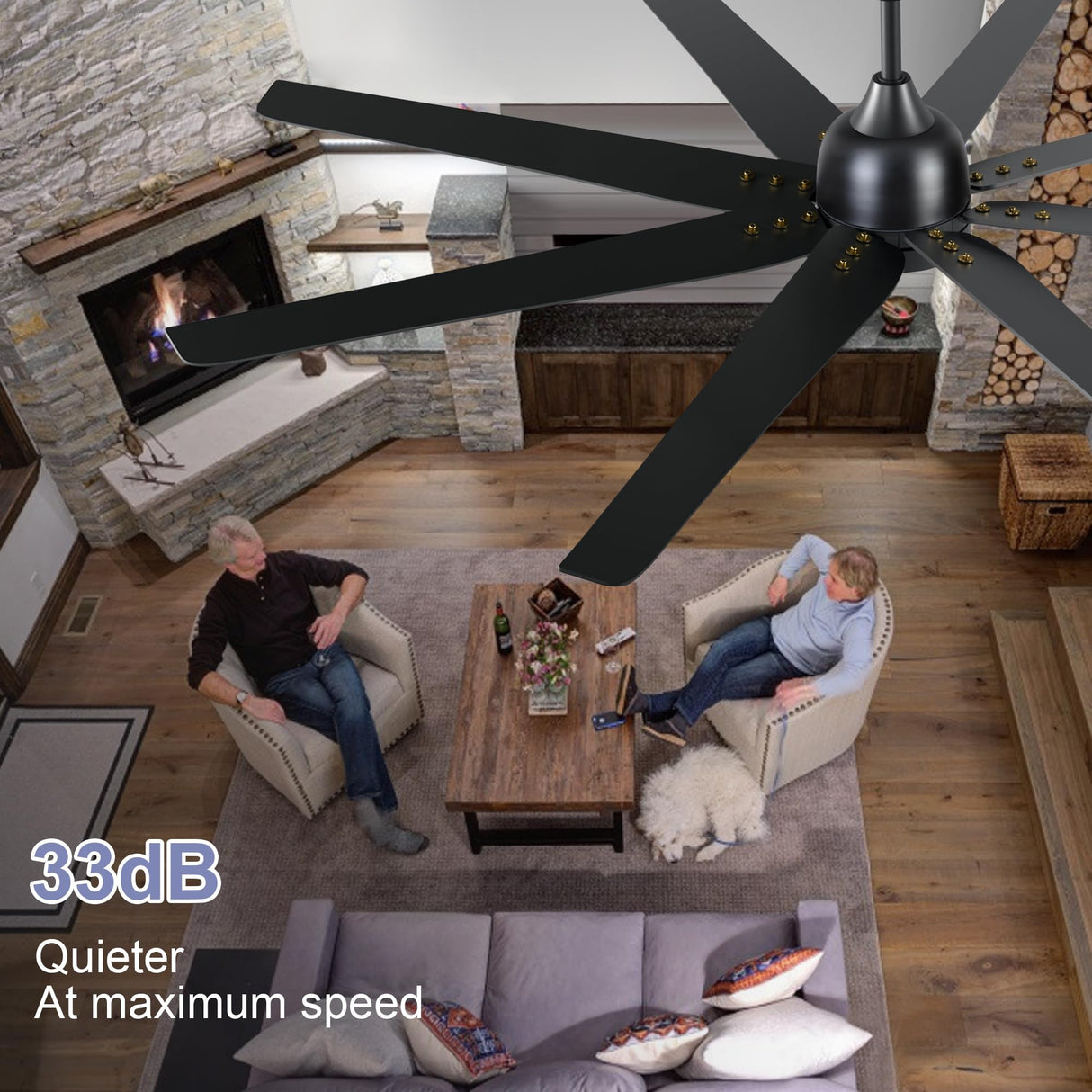 Sevenine 72 Inch Ceiling Fan With Lights and Remote,8 Black Wood Blades,Large Ceiling Fan with 6 Speed Reverse DC Motor,3 Color Dimmable LED, Downrod For Indoor Great Rooms Living Room Patio Farmhouse Sevenine