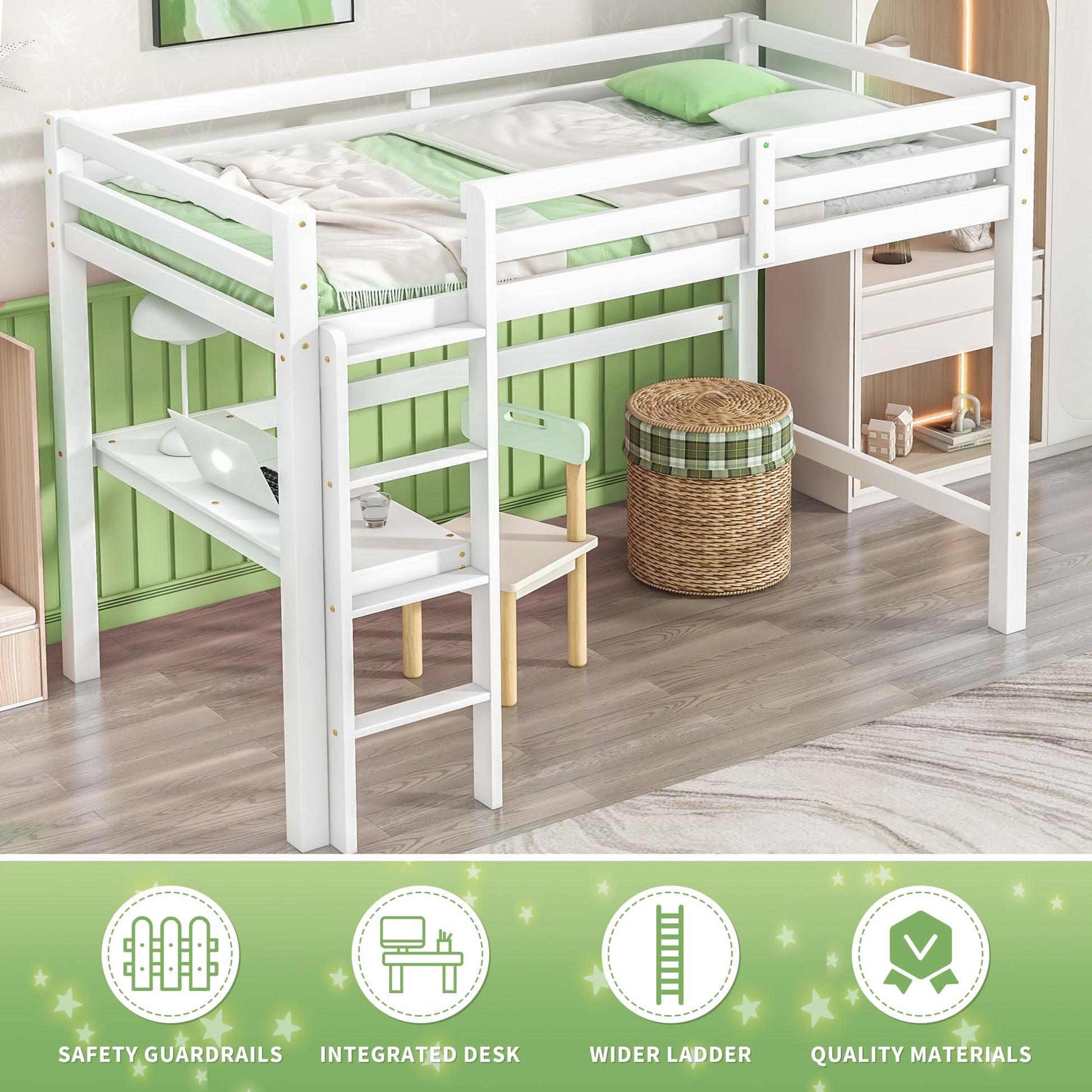 LifeSky Twin Loft Bed with Built-in Desk and Stairs - Durable White Wood Frame for Kids and Teens - WoodArtSupply