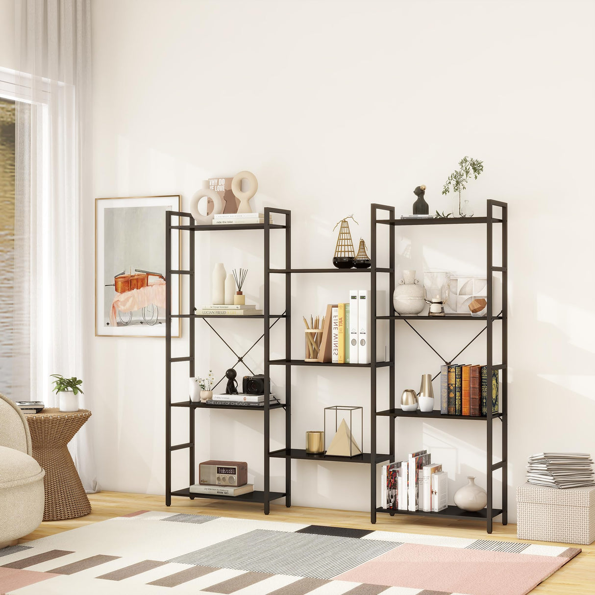 Panana Industrial 4-Tier Bookshelf with 11 Open Shelves and Metal Frame - Black Panana