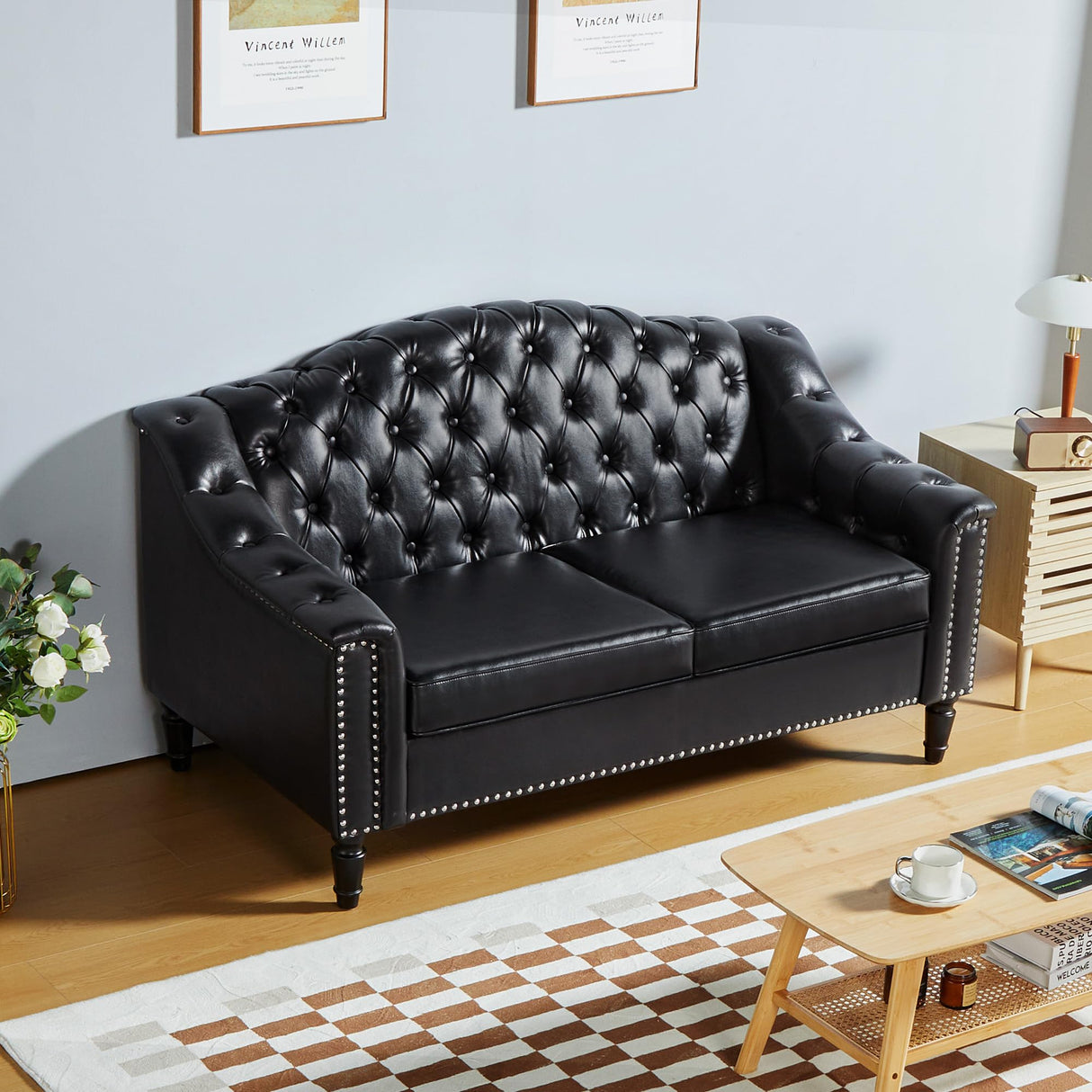 SUJOUCRAFT Chesterfield Camelback Loveseat & 3 Seater Sofa, Mid-Century Living Room Leather Upholstered Leather Sofa Sets, Sofa Couch Sectional with Deep Seat Tufted Backrest (PU-Camelback-2+3, Brown) SUJOUCRAFT