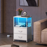 WLIVE White Night Stand with Charger Station, LED Nightstand with 2 Fabric Drawers and Storage Shelf, Bedside Table with 3 USB Ports and 2 Outlets, Small Dresser for Bedroom WLIVE