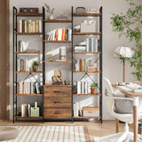 AFLUI Triple Bookshelf with 3 Fabric Drawers, 6-Tier Book Shelf and 10 Display Shelves, Industrial Large Bookcase for Home & Office, Rustic Brown, 47'' Wide AFLUI