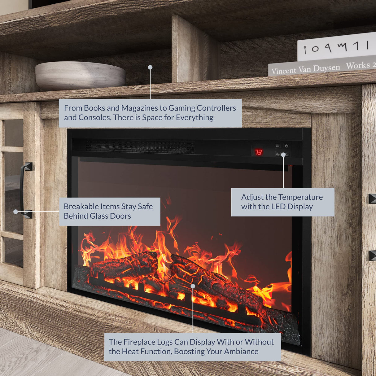 BELLEZE Traditional 58" Rustic TV Stand with 23" Electric Fireplace Heater with Sound, Media Entertainment Center Console Table for TV up to 65" with Open Storage Shelves and Cabinets - Ashland Pine BELLEZE