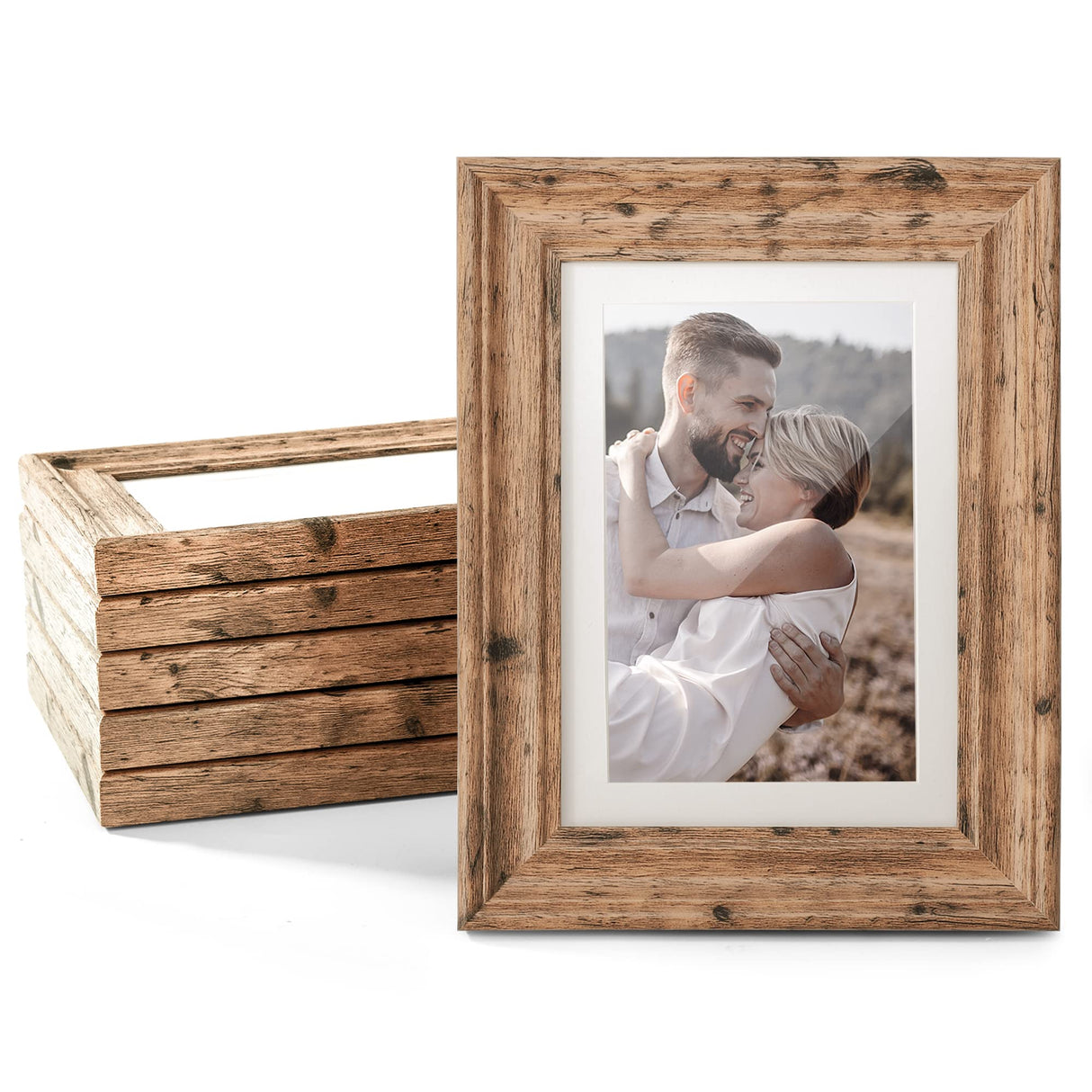 TWING 4x6 Picture Frames Set of 6, Rustic Farmhouse Picture Frame 3x5 with Mat or 4x6 Without Mat, Tabletop Display and Wall Mounting Home Decorative collage picture Photo Frames Wood Brown,Walnut TWING