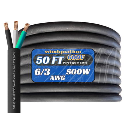 WindyNation 50 Feet 6/3 6 AWG SOOW SO Cable Cord Wire - 6 Gauge 3 Conductor 600V Portable Power Extension Cord Cable for EV Chargers, Motor Leads, Portable Lights, Battery Chargers, and Machinery WindyNation