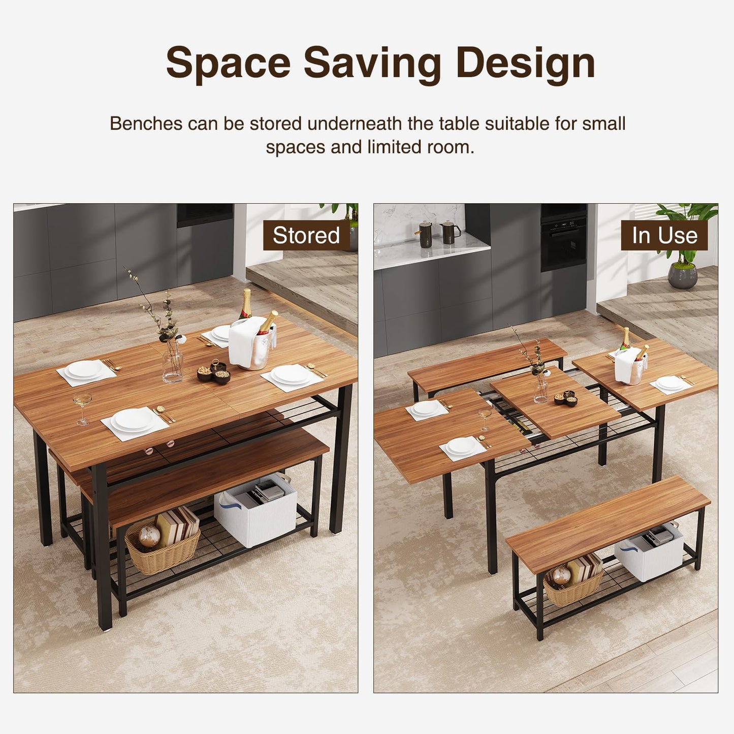 Halitaa 3-Piece Dining Table Set for 4-8, Kitchen Table Set with Metal Frame & Wooden Board，63" Extendable Dining Room Table Set with Storage Rack and 2 Benches (Walnut) - WoodArtSupply