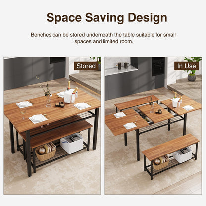 Halitaa 3-Piece Dining Table Set for 4-8, Kitchen Table Set with Metal Frame & Wooden Board，63" Extendable Dining Room Table Set with Storage Rack and 2 Benches (Walnut) - WoodArtSupply