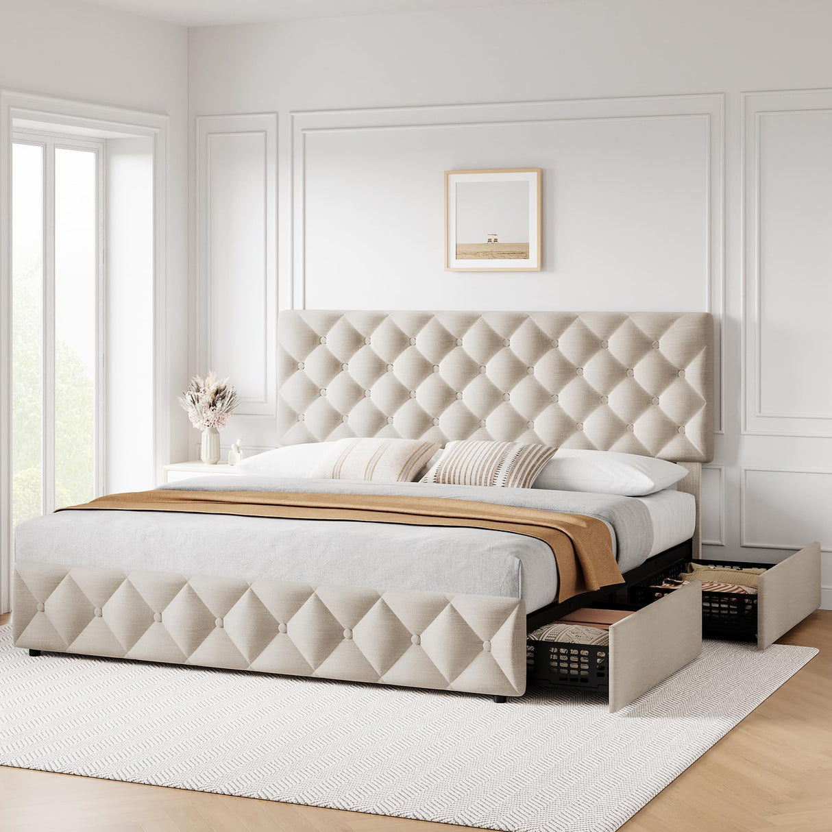 SLEKVERSA Queen Size Bed Frame with 4 Drawers and Headboard, Tufted Design, Linen Upholstered Platform Bed Frame, Wooden Slat, No Box Spring Need, Beige SLEKVERSA