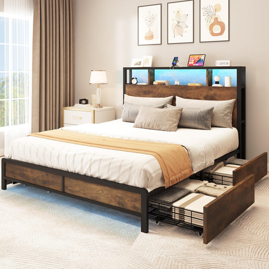 YITAHOME Stylish Queen Bed Frame with LED Lights, Charging Station, and 4 Storage Drawers - No Box Spring Needed - WoodArtSupply