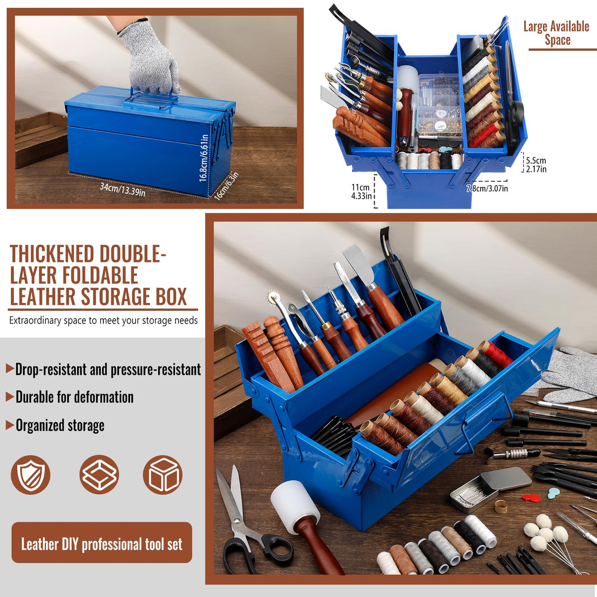 Leather Working Tools Kit, Leather Tooling Kit with Double Layer Storage Box, Heavy Duty Sewing Kit, Professional Working Tools and Supplies for DIY Stamping Cutting Engraving Punching Sewing FOUSNOW