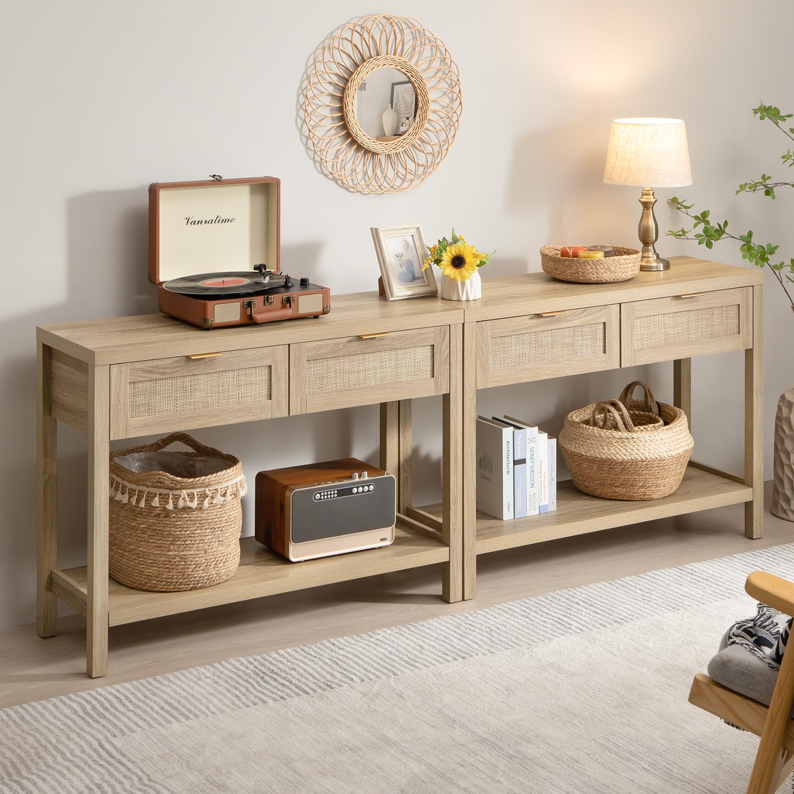 SICOTAS Set of 2 Boho Console Tables with Rattan Drawers and Storage in Reclaimed Light Oak - WoodArtSupply